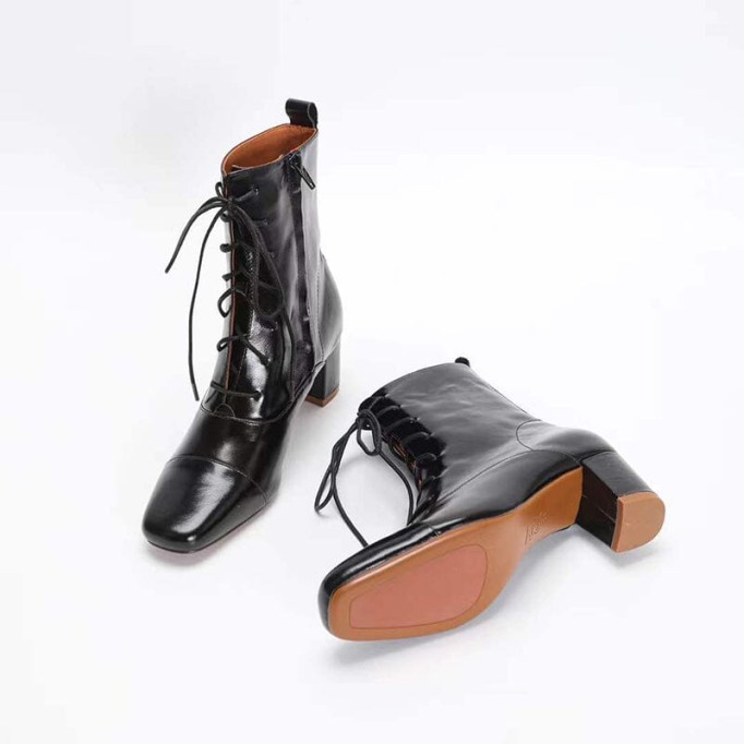 Lace-up Leather Ankle Boots Nude Slimming Boots Elegant Glove-Like Retro Boots Block Heel