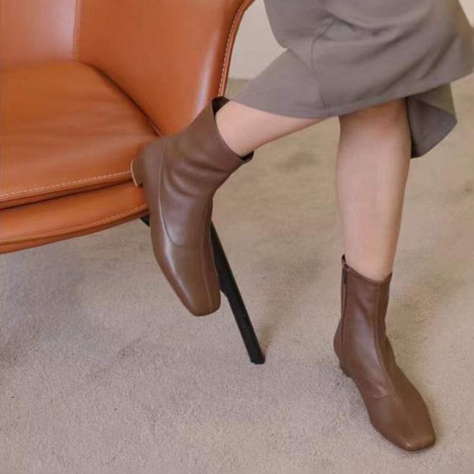 Squared Toe Leather Slimming Boots Sock Boots Yellow/Beige/Black/Coffee