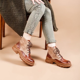 Women Handmade Leather Short Boots Retro Chunky Combat Boots