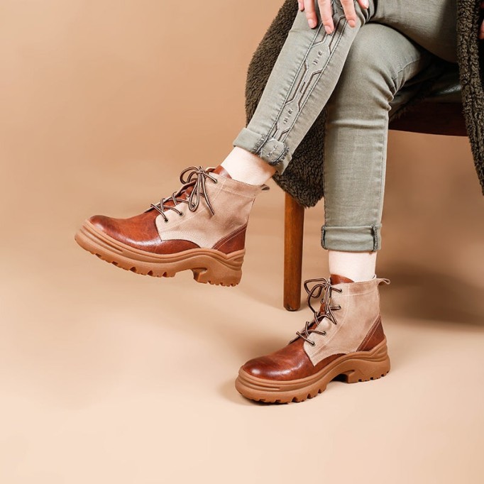 Women Handmade Leather Short Boots Retro Chunky Combat Boots