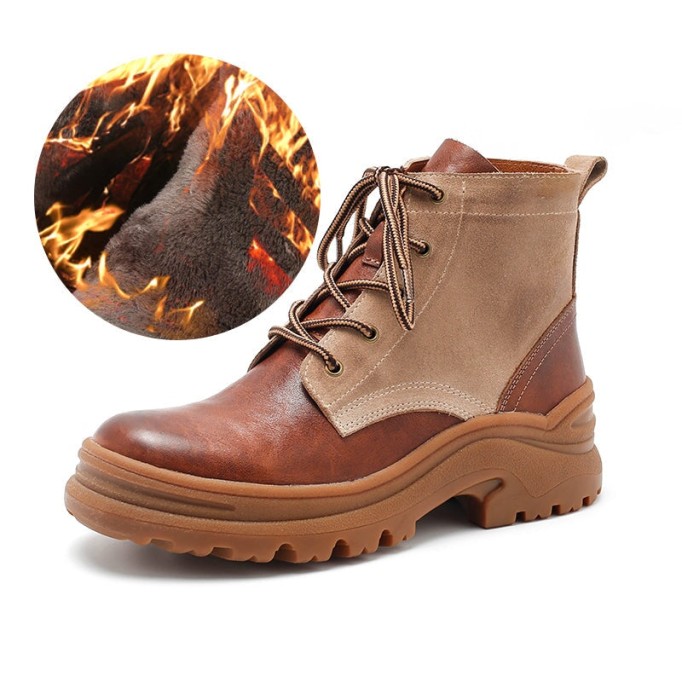 Women Handmade Leather Short Boots Retro Chunky Combat Boots