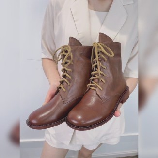 Winter Boots Handmade Genuine Leather Lace-Up Combat Boots Retro Martin Boots Chunky Ankle Boots Black/Coffee