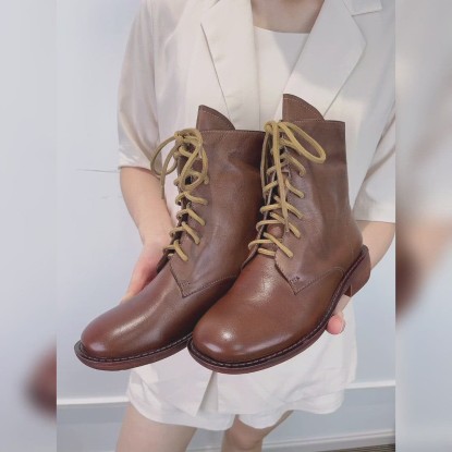 Winter Boots Handmade Genuine Leather Lace-Up Combat Boots Retro Martin Boots Chunky Ankle Boots Black/Coffee