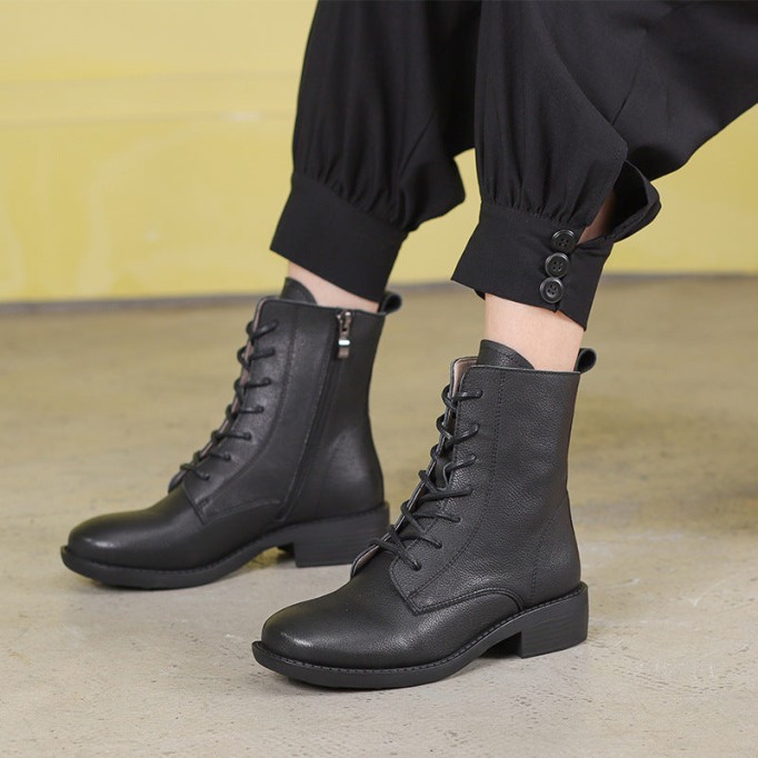 Winter Boots Handmade Genuine Leather Lace-Up Combat Boots Retro Martin Boots Chunky Ankle Boots Black/Coffee