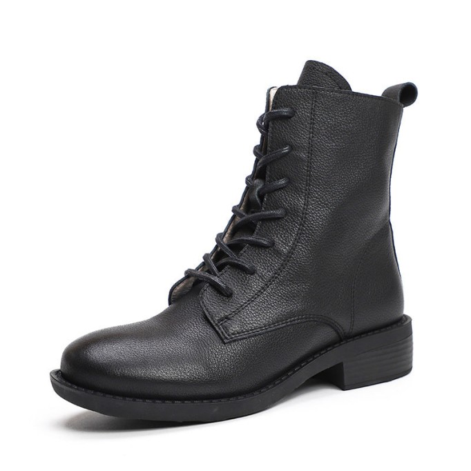 Winter Boots Handmade Genuine Leather Lace-Up Combat Boots Retro Martin Boots Chunky Ankle Boots Black/Coffee