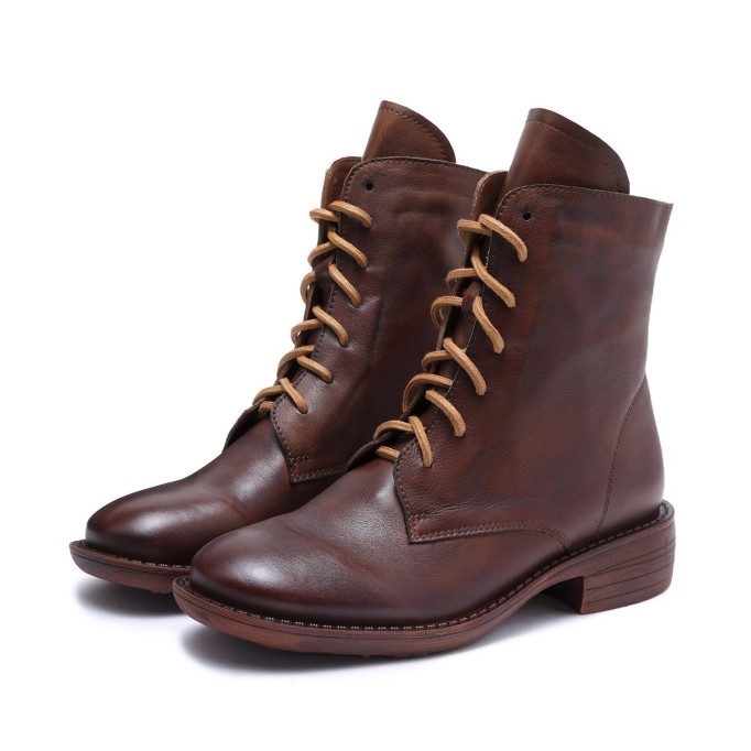 Winter Boots Handmade Genuine Leather Lace-Up Combat Boots Retro Martin Boots Chunky Ankle Boots Black/Coffee