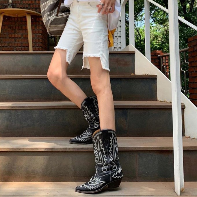 Womens Western Boots Mid Calf Embroidery Leather- Black/White Cowgirl Boots Sheepskin Lining