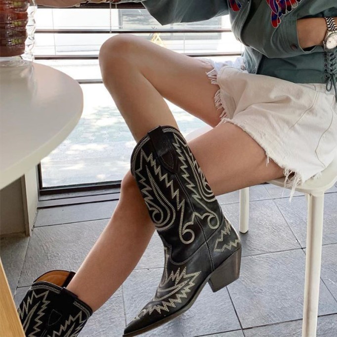 Womens Western Boots Mid Calf Embroidery Leather- Black/White Cowgirl Boots Sheepskin Lining