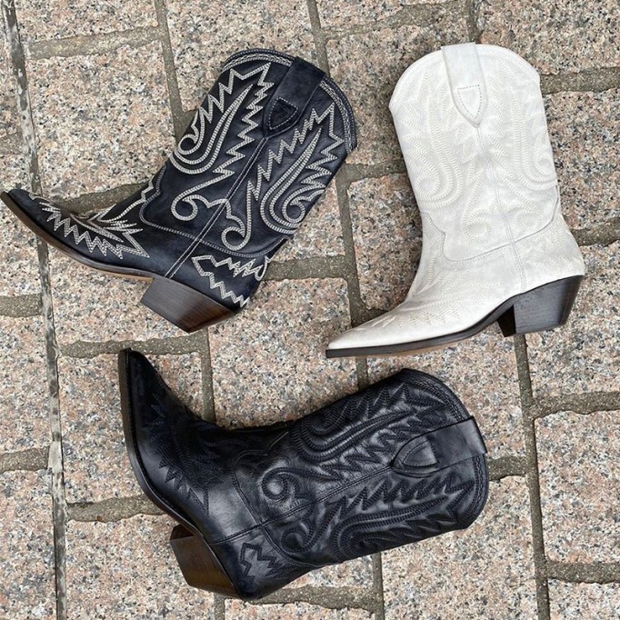 Womens Western Boots Mid Calf Embroidery Leather- Black/White Cowgirl Boots Sheepskin Lining