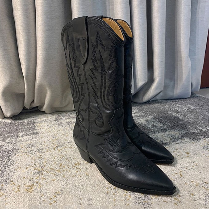 Womens Western Boots Mid Calf Embroidery Leather- Black/White Cowgirl Boots Sheepskin Lining