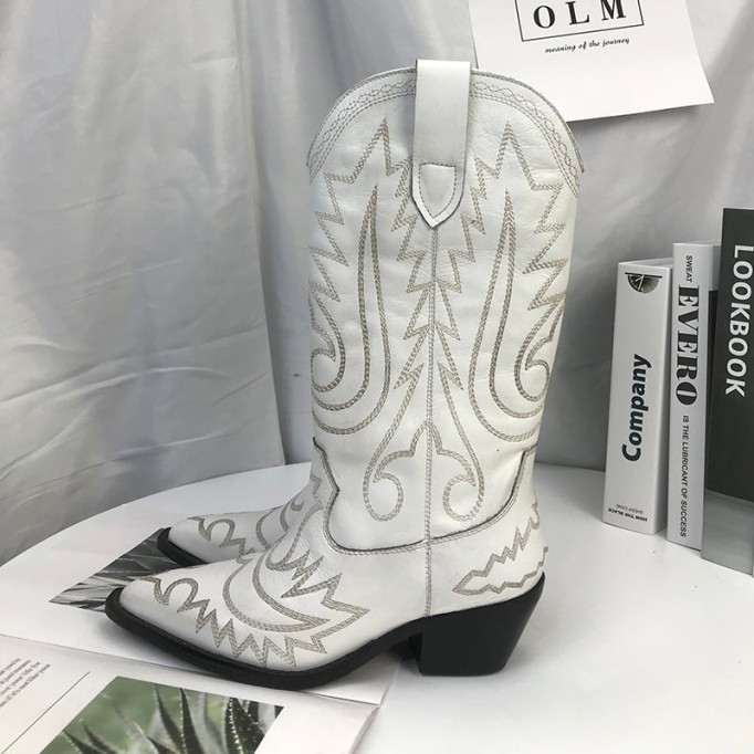 Womens Western Boots Mid Calf Embroidery Leather- Black/White Cowgirl Boots Sheepskin Lining