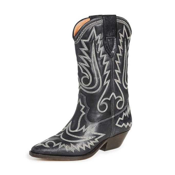Womens Western Boots Mid Calf Embroidery Leather- Black/White Cowgirl Boots Sheepskin Lining