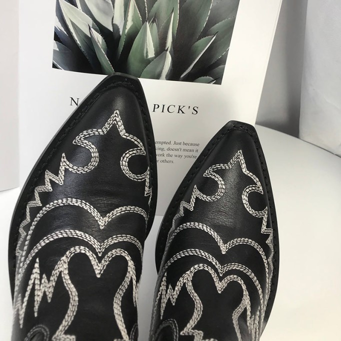 Womens Western Boots Mid Calf Embroidery Leather- Black/White Cowgirl Boots Sheepskin Lining