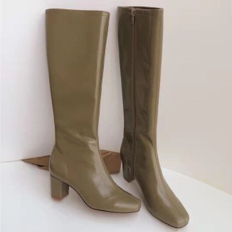 Riding Boots for Women in Black/Khaki Leather - Mid Heel Tall Boots Slimming Boots