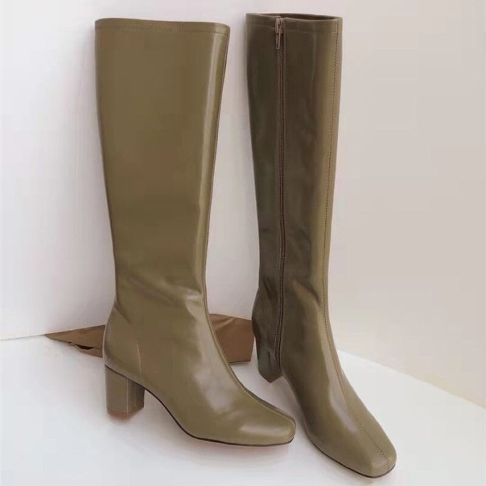 Riding Boots for Women in Black/Khaki Leather - Mid Heel Tall Boots Slimming Boots