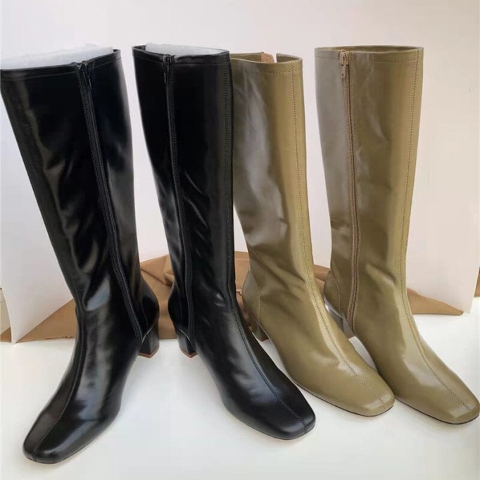 Riding Boots for Women in Black/Khaki Leather - Mid Heel Tall Boots Slimming Boots