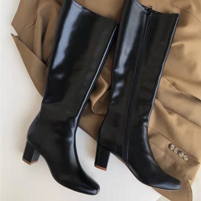 Riding Boots for Women in Black/Khaki Leather - Mid Heel Tall Boots Slimming Boots