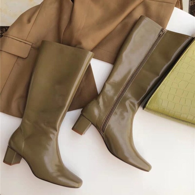 Riding Boots for Women in Black/Khaki Leather - Mid Heel Tall Boots Slimming Boots