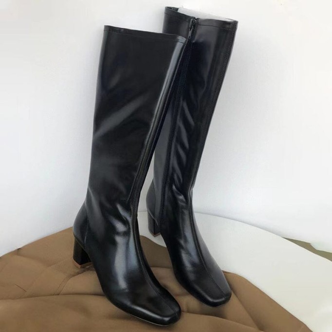 Riding Boots for Women in Black/Khaki Leather - Mid Heel Tall Boots Slimming Boots