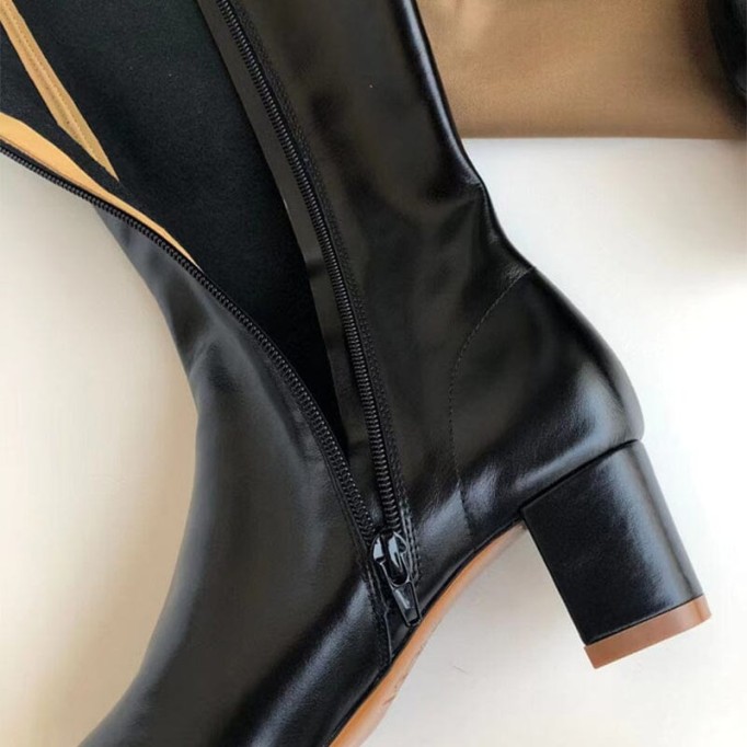 Riding Boots for Women in Black/Khaki Leather - Mid Heel Tall Boots Slimming Boots