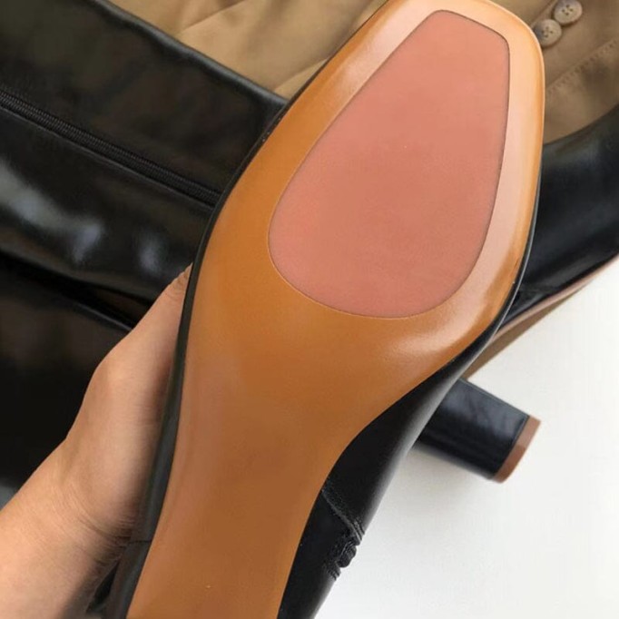 Riding Boots for Women in Black/Khaki Leather - Mid Heel Tall Boots Slimming Boots