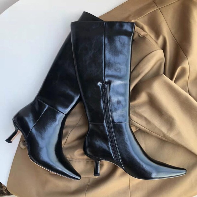 Riding Boots for Women in White/Black Leather - Kitty Heel Tall Boots Slimming Boots