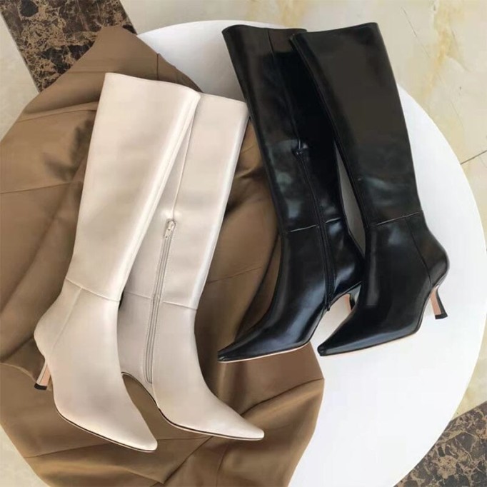 Riding Boots for Women in White/Black Leather - Kitty Heel Tall Boots Slimming Boots