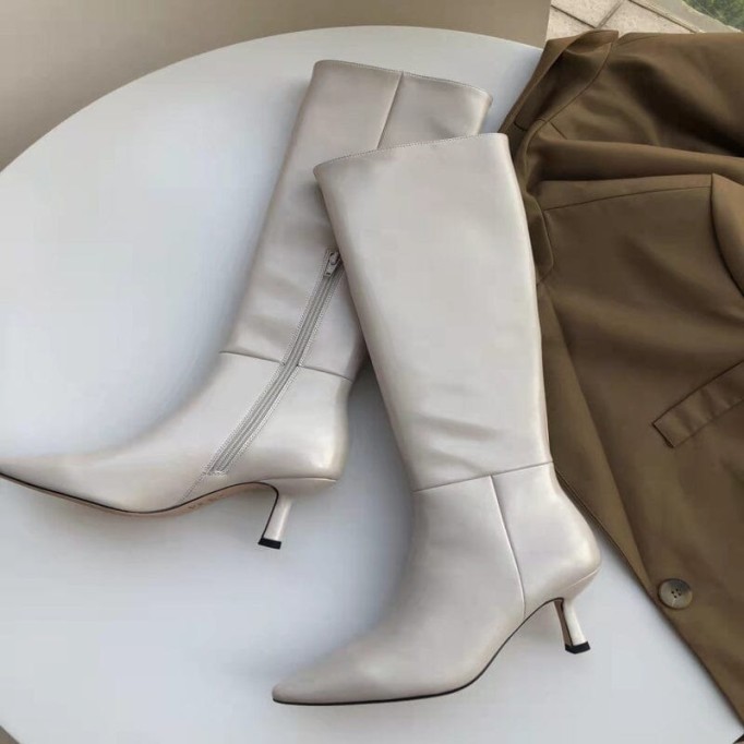 Riding Boots for Women in White/Black Leather - Kitty Heel Tall Boots Slimming Boots