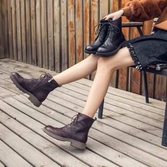 Handmade Leather Wingtip Brogue Ankle Boots For Women Black/Red Brown Round Toe Oxfords Boots