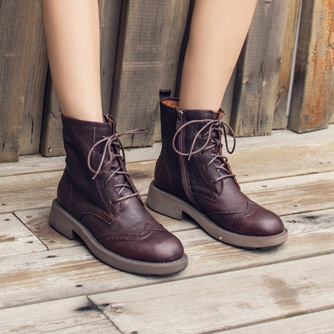 Handmade Leather Wingtip Brogue Ankle Boots For Women Black/Red Brown Round Toe Oxfords Boots