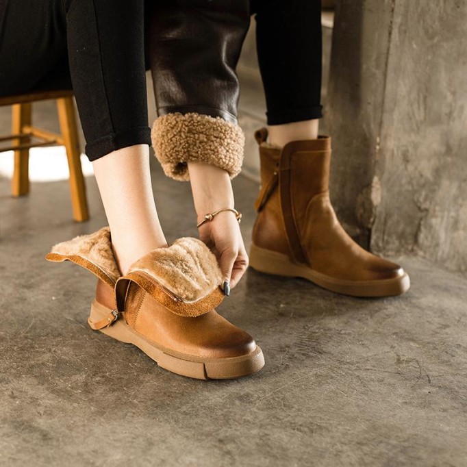 Waxing Leather Chelsea Boots Handmade British Boots Double Zip Fleece Lined Snow Boots