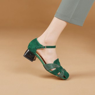 Block Heel Leather sandal Gladiator Sandals in Green/Black
