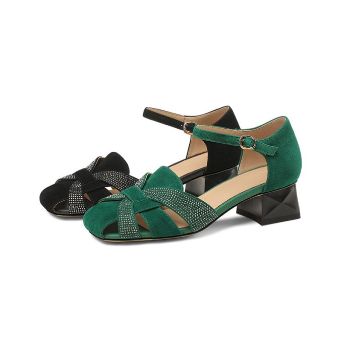 Block Heel Leather sandal Gladiator Sandals in Green/Black