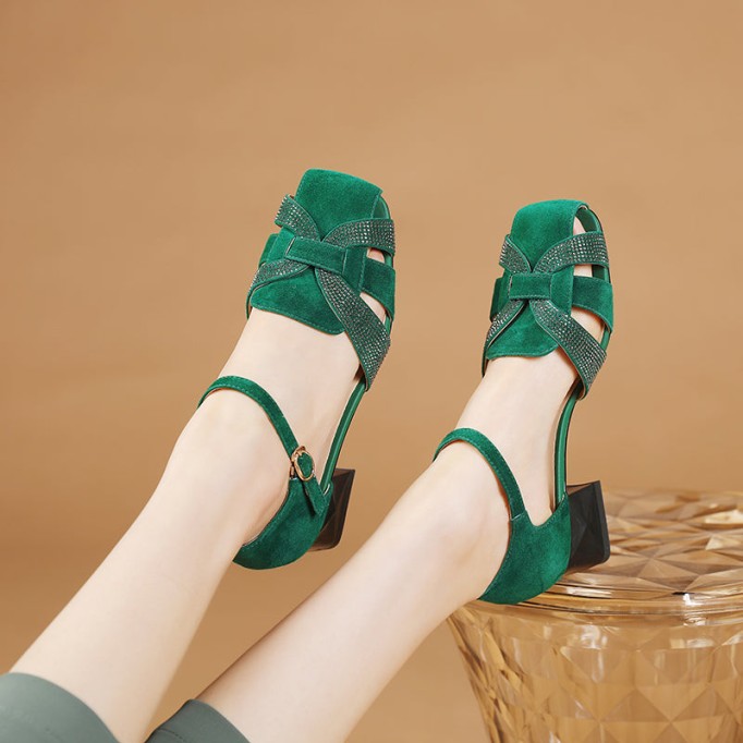 Block Heel Leather sandal Gladiator Sandals in Green/Black