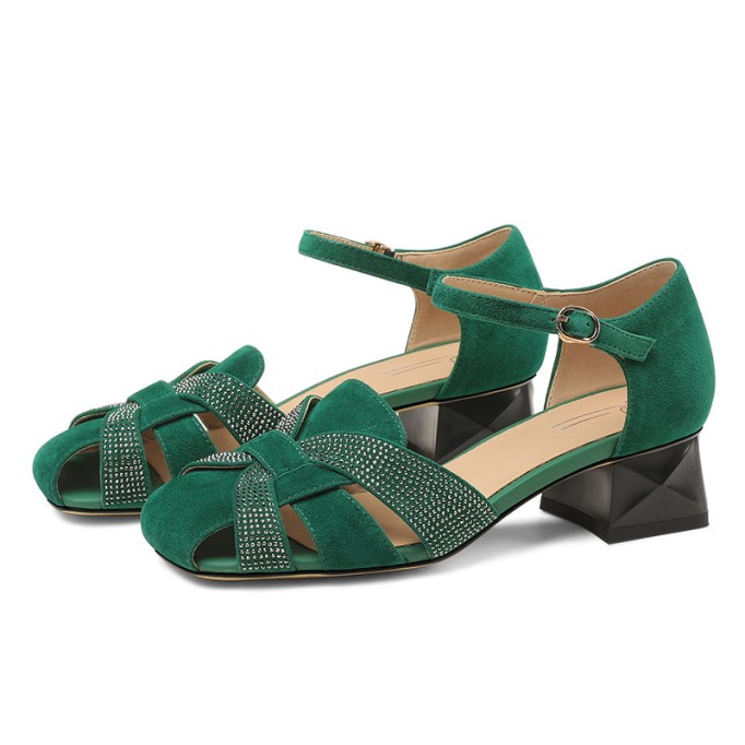 Block Heel Leather sandal Gladiator Sandals in Green/Black
