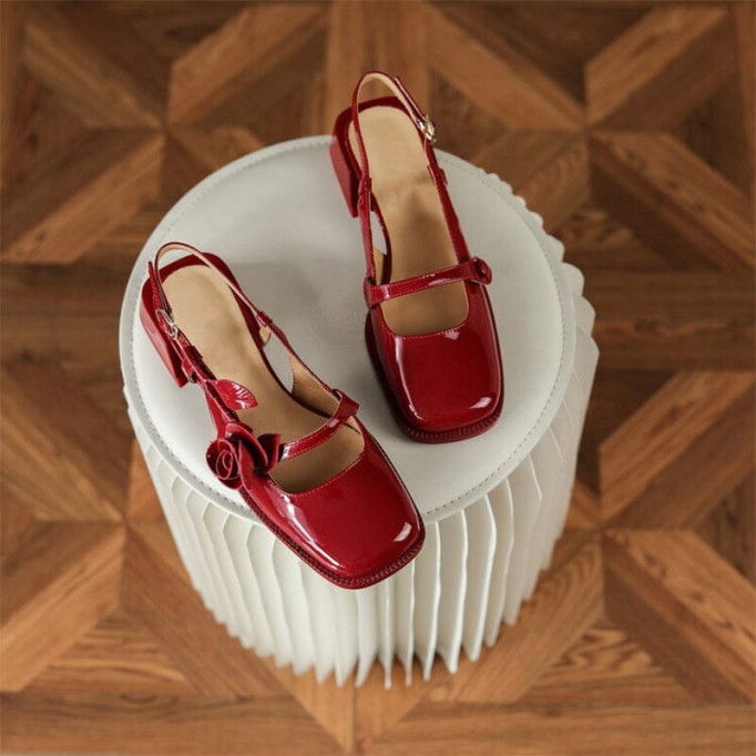Patent Leather Slingback Mary Jane Pumps Block Heel in Red/Black