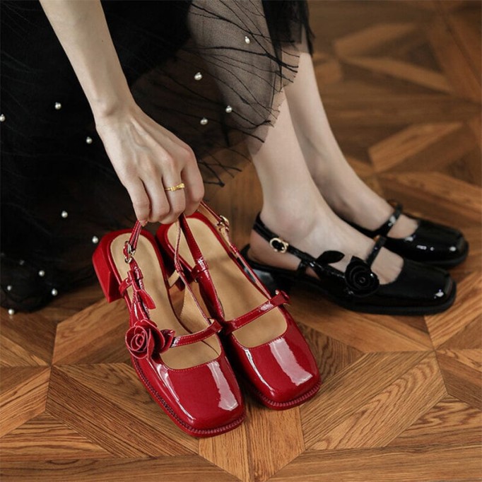 Patent Leather Slingback Mary Jane Pumps Block Heel in Red/Black