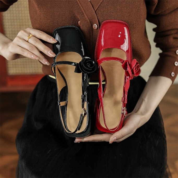 Patent Leather Slingback Mary Jane Pumps Block Heel in Red/Black