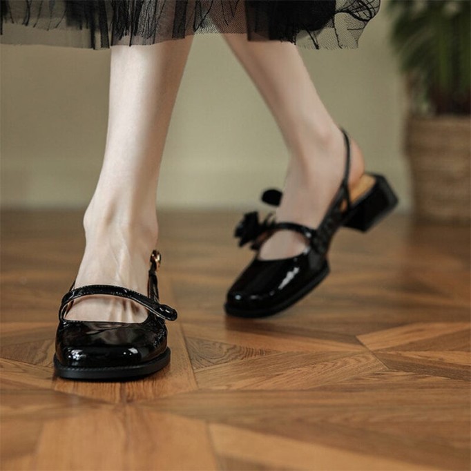 Patent Leather Slingback Mary Jane Pumps Block Heel in Red/Black