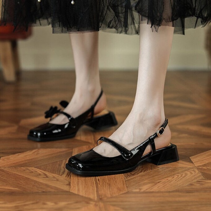 Patent Leather Slingback Mary Jane Pumps Block Heel in Red/Black