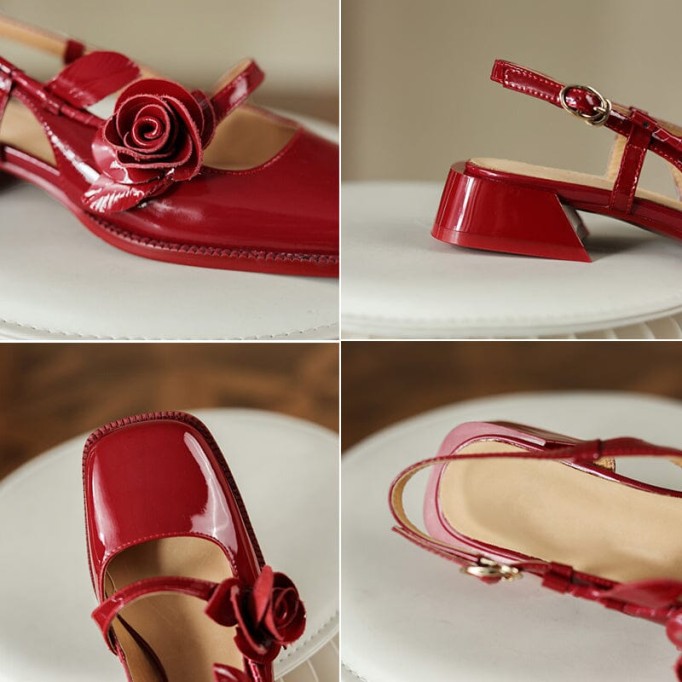 Patent Leather Slingback Mary Jane Pumps Block Heel in Red/Black