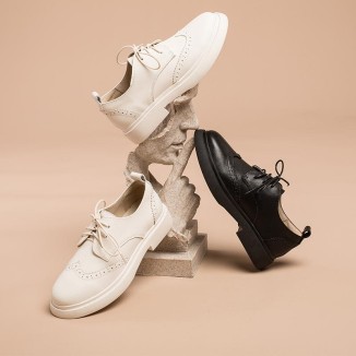 Womens Wingtip Shoes Handmade Leather W Toe Cap Brogues Oxfords & Tie Flats Elegant Black/White