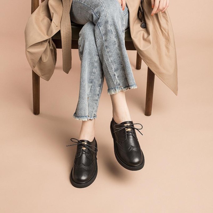 Womens Wingtip Shoes Handmade Leather W Toe Cap Brogues Oxfords & Tie Flats Elegant Black/White