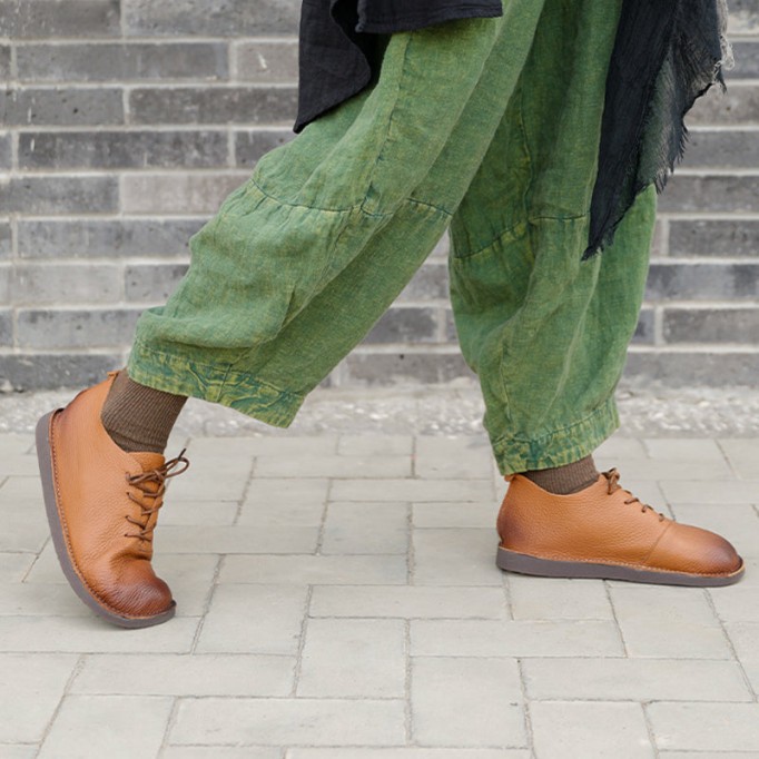 Designer Shoes Soft Lace Up Oxfords Genuine Leather Derby Flats For Women Handmade Brown/Black