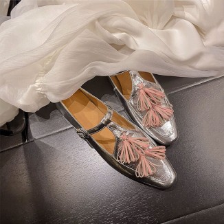 Handmade Leather T strap Mary Jane Shoes With Tassels in Black/Silver