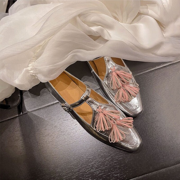 Handmade Leather T strap Mary Jane Shoes With Tassels in Black/Silver