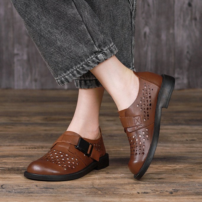 Womens Handmade Soft leather Chunky Oxfords & Tie Shoes Grey white/Coffee