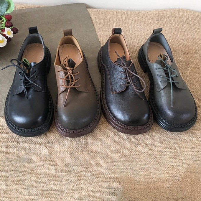 Retro Lace Up Leather Shoes Round Toe Oxford Shoes Grey/Black/Brown/Coffee