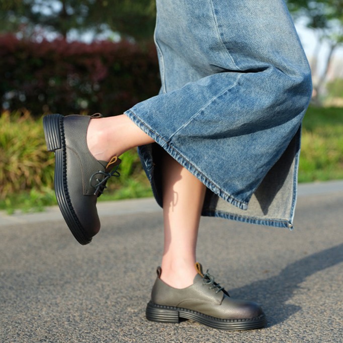 Retro Lace Up Leather Shoes Round Toe Oxford Shoes Grey/Black/Brown/Coffee