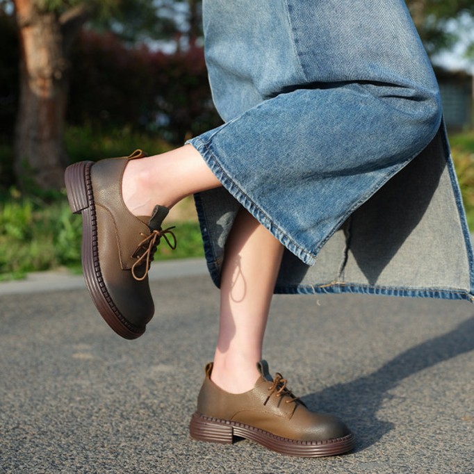 Retro Lace Up Leather Shoes Round Toe Oxford Shoes Grey/Black/Brown/Coffee
